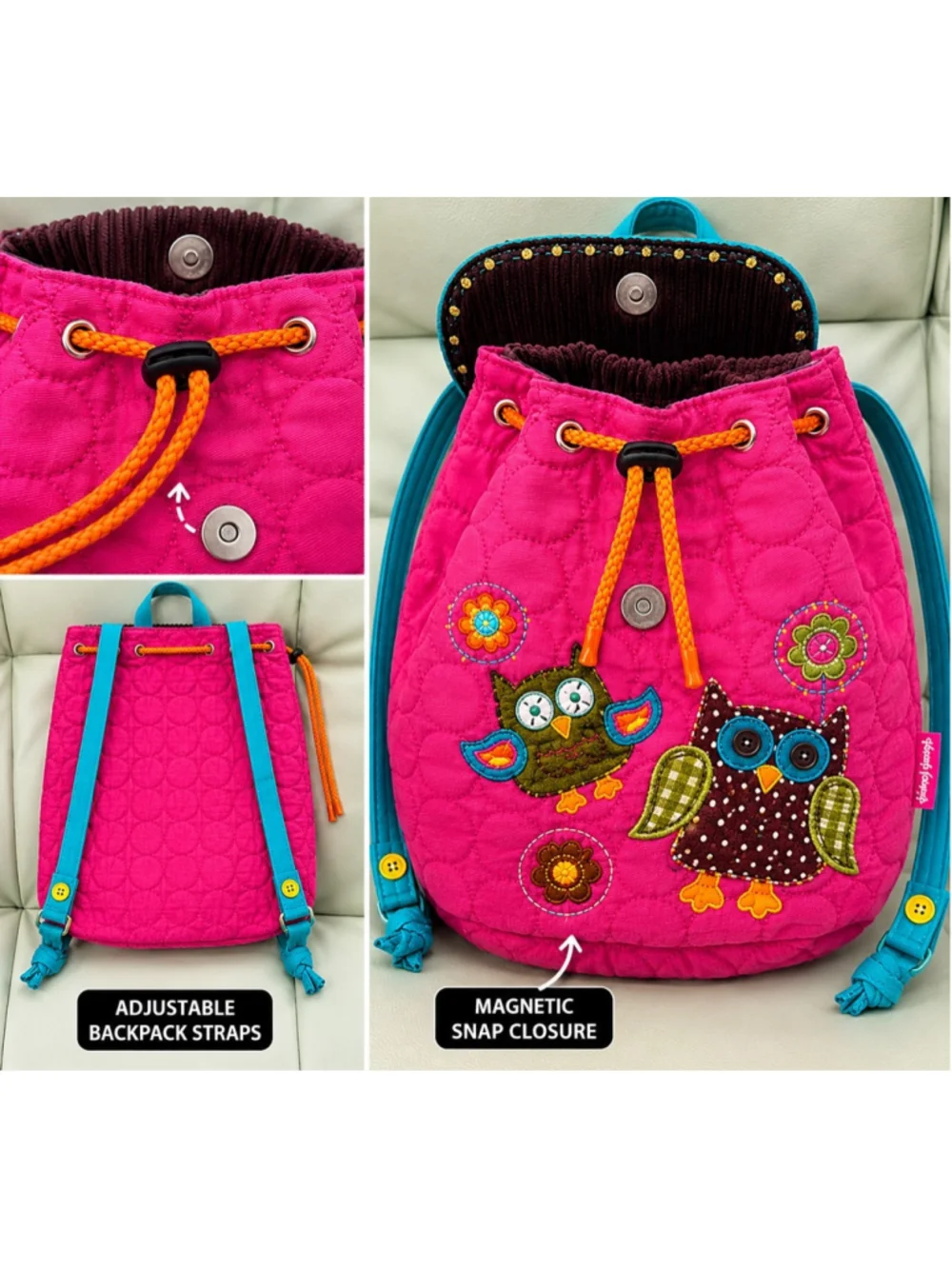 Stephen Joseph Owl Backpack Pink Quilted Drawstring Kids Preschool Daycare Bag